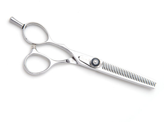 A Lefty Kansai 33 Teeth Thinner with one standard and one notched blade, designed for hair thinning, displayed on a white background.
