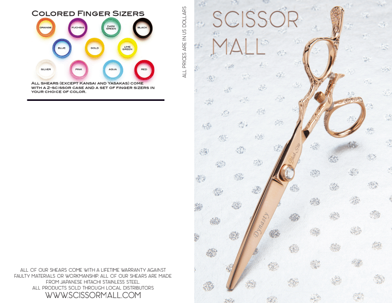 A pair of rose gold hair cutting scissors lies on a white patterned surface; colored finger sizers options are displayed on the left, showcasing selections from the Scissor Mall catalog.